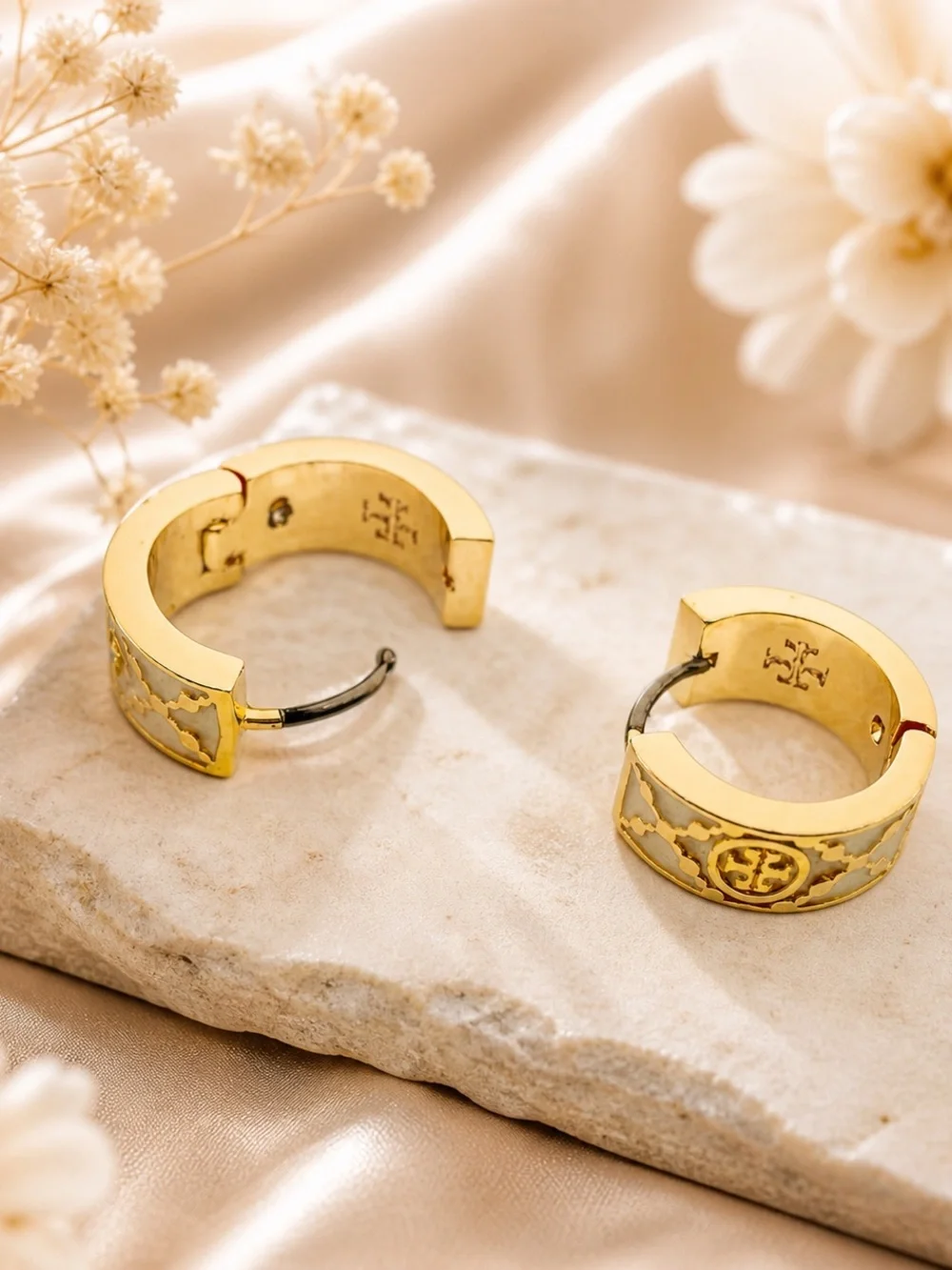 Tory Burch White and Gold T-Monogram Huggie Earrings